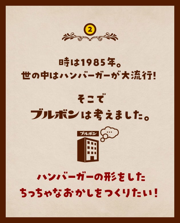 2 時は1985年。世の中はハンバーガーが大流行！そこでブルボンは考えました。ハンバーガーの形をしたちっちゃなおかしをつくりたい！