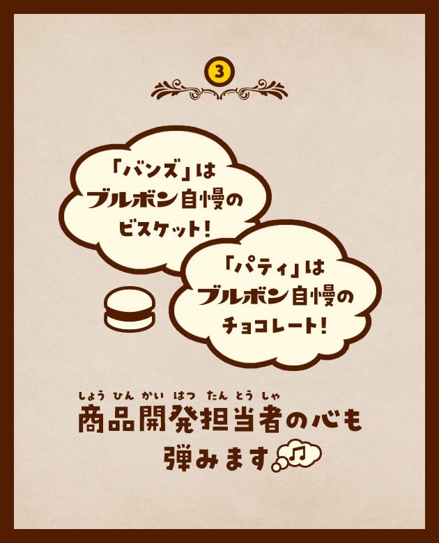 3 「バンズ」はブルボン自慢のビスケット！「パティ」はブルボン自慢のチョコレート！商品開発担当者の心も弾みます&#9835;