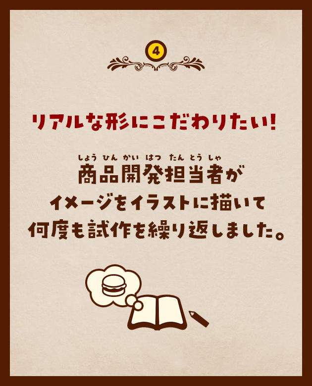 4 リアルな形にこだわりたい！商品開発担当者がイメージをイラストに描いて何度も試作を繰り返しました。