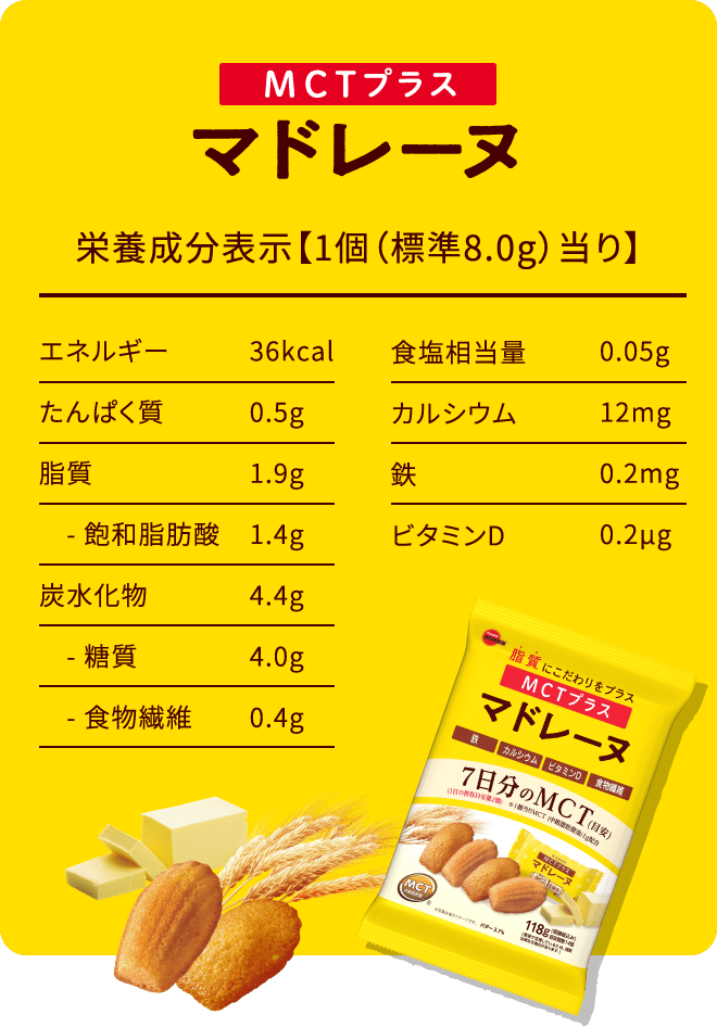 MCTプラス マドレーヌ 栄養成分表示