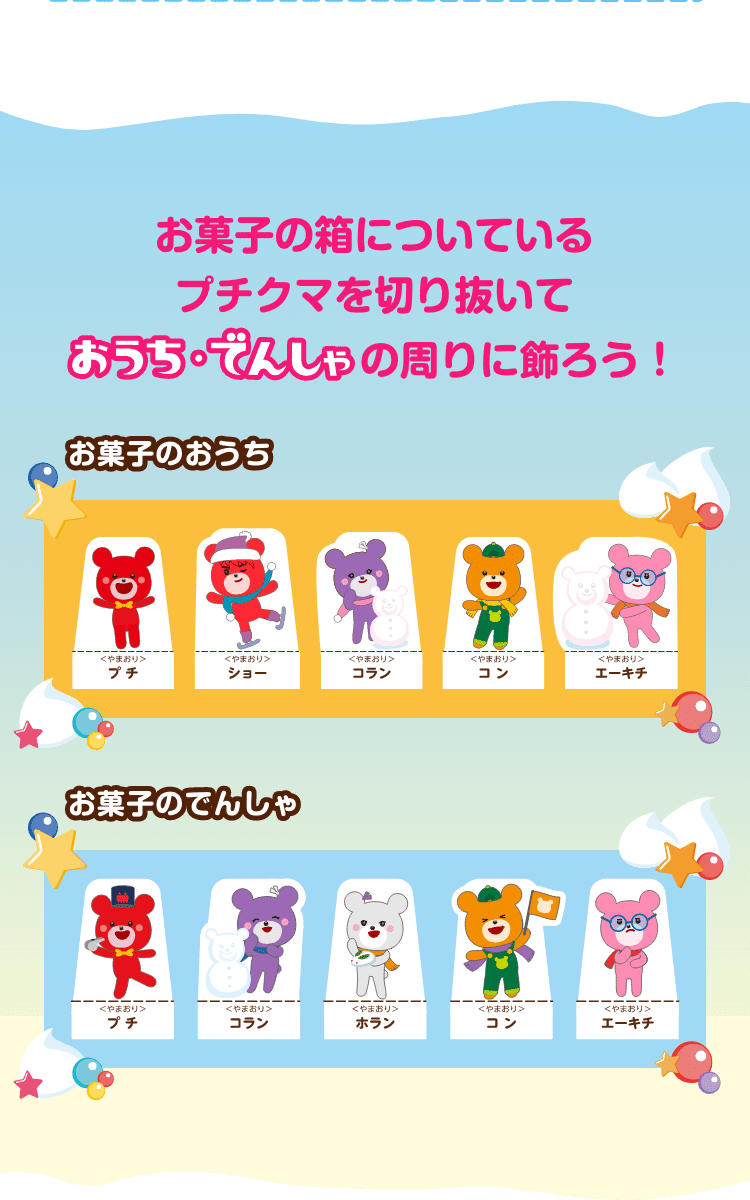 お菓子の箱についているプチクマを切り抜いておうち・でんしゃの周りに飾ろう！