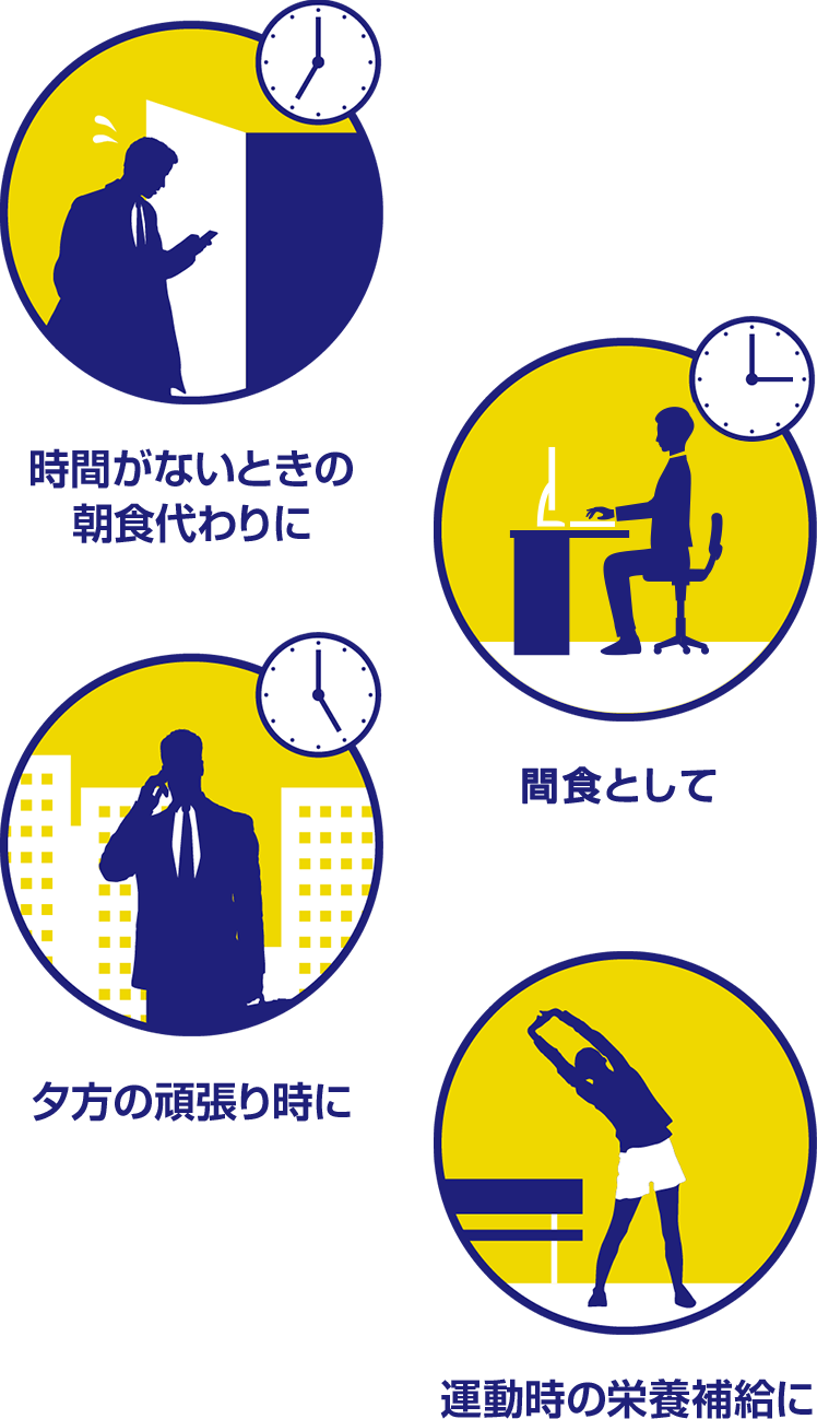 時間がないときの朝食代わりに 昼食の補食として 夕方の頑張り時に 運動前の栄養補給に