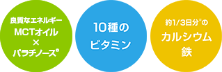 おいしくたんぱく質10g/10種のビタミン／約1/3日分※のカルシウム鉄